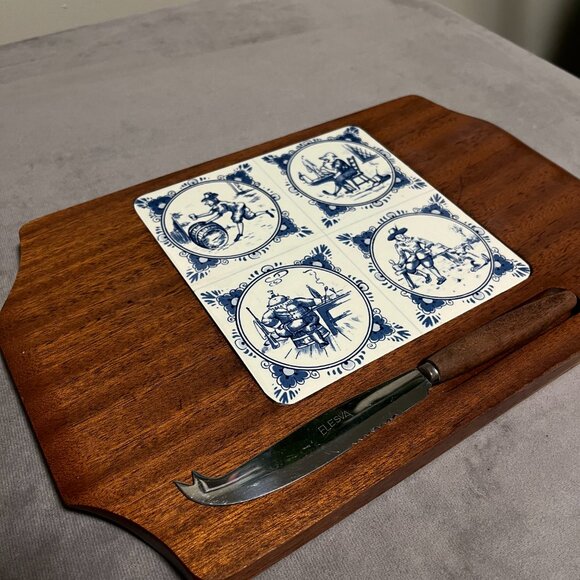 Vintage Delft Blue cheese board with knife, wood + ceramic with tiles blue/white - Picture 3 of 5